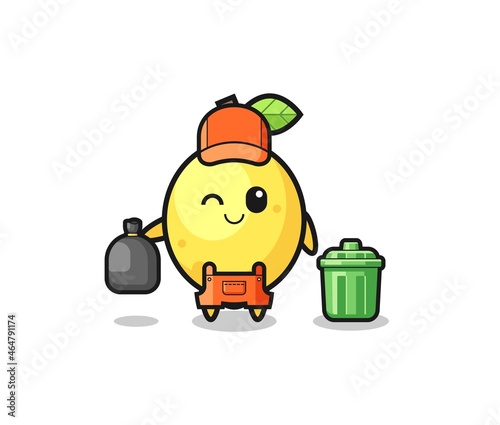 the mascot of cute lemon as garbage collector