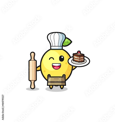 lemon as pastry chef mascot hold rolling pin