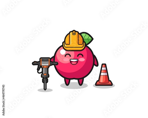 road worker mascot of apple holding drill machine