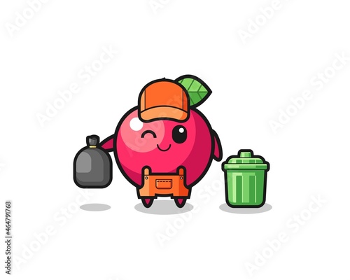 the mascot of cute apple as garbage collector
