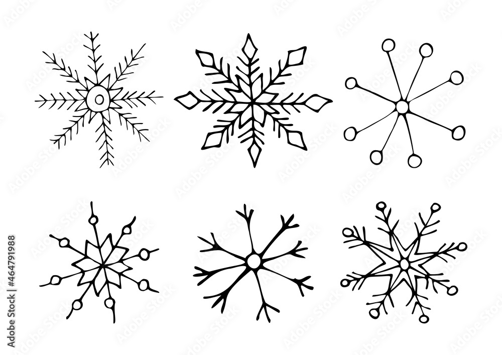 Obraz premium A hand-drawn set of snowflakes of different shapes.