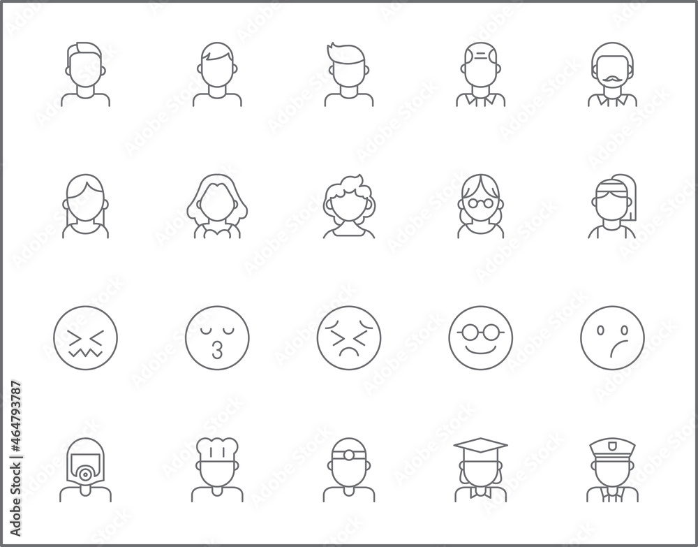 Set of People and Avatar line style. It contains such as Character, men, women, emoji, face, uniform and other elements.