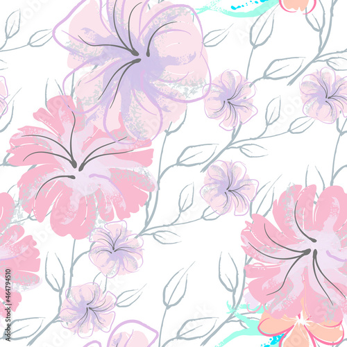 Wallpaper Mural Pink Flowers Blooming Pattern. Pastel Watercolor. Torontodigital.ca