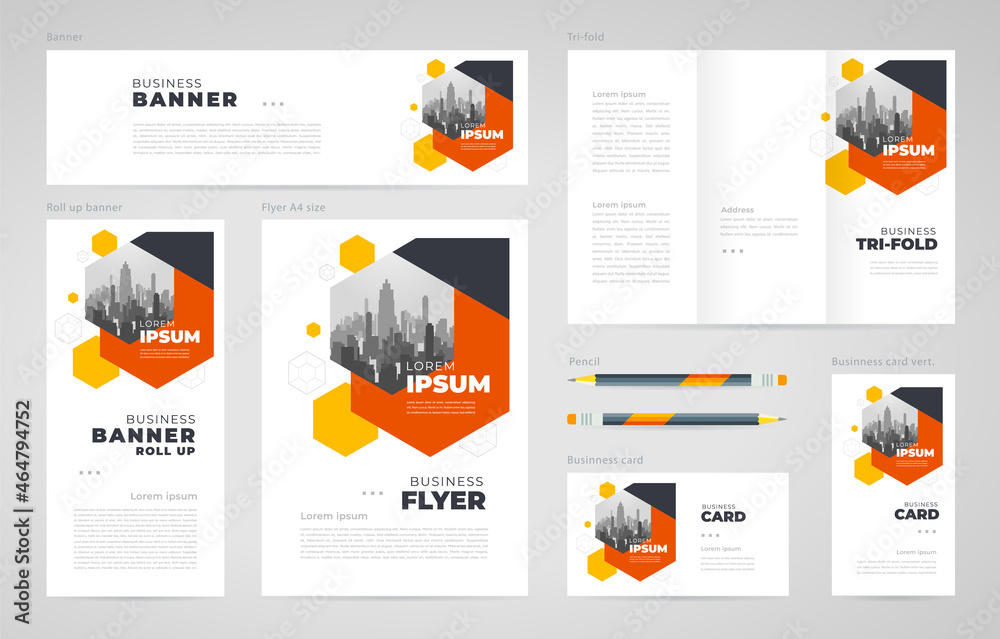 Abstract hexago theme Set flyer cover, tri-fold, banner, roll up banner, business card orange color
