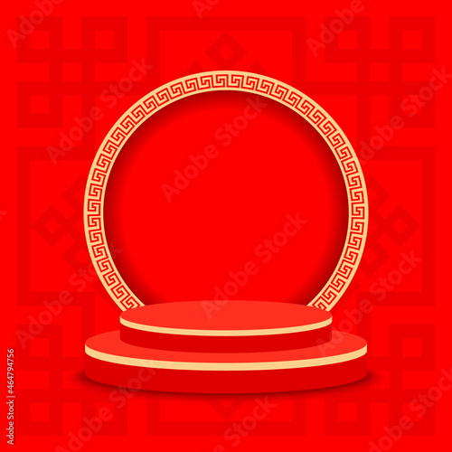 Chinese New Year theme product display. Mock up blank cylinder podium stage for product and showcase presentation. Product display background with traditional chinese pattern