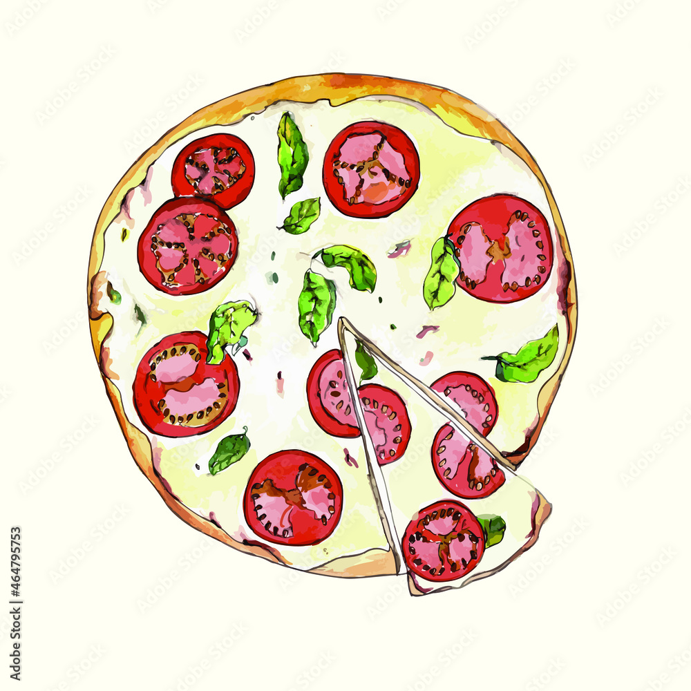 Fresh pizza with tomatoes, cheese, olives, onions, basil. Traditional Italian fast food. Food from the top. European appetizer. Watercolor hand drawn, translated into EPS10 vector illustration.
Fresh pizza with tomatoes, cheese, olives, onions, basil. Traditional Italian fast food. Food from the top. European appetizer. Watercolor hand drawn, translated into EPS10 vector illustration.