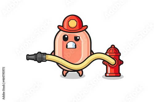 soap cartoon as firefighter mascot with water hose