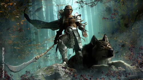 Obraz na plátně A brutal elf huntsman with a glaive stands proudly on a hill, and looks menacingly ahead, a huge wolf is sitting at his feet