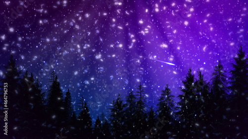 woods at night, snow with colorful sky - christmas theme , computer generated abstract 3D rendering