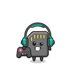 memory card gamer mascot holding a game controller