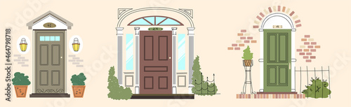 A set of three entrance doors in retro style. Brick wall. The exterior of the house. Entrance to the house. A pot of herbs. Color vector illustration, hand-drawn, isolated on a beige background
