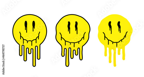 Melting yellow smile. Positive smiling faces in the form of liquid, paint splash on a white background.