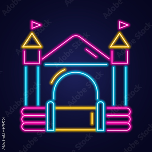 Bouncy castle neon icon. Jumping house on kids playground. Vector illustration.