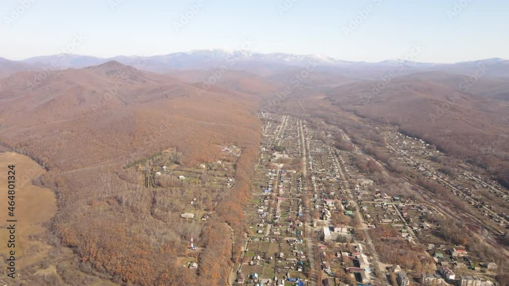 View from above. Lazo village top view. A taiga settlement in the Primorsky Territory.