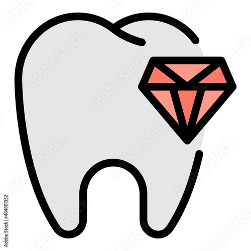 Tooth and diamond icon. Outline tooth and diamond vector icon color flat isolated