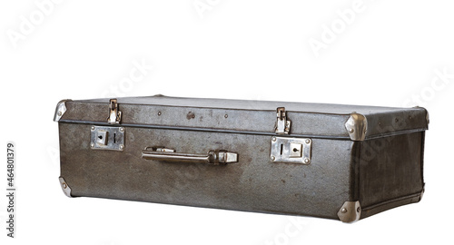 Old vintage leather brown suitcase, isolated on white background