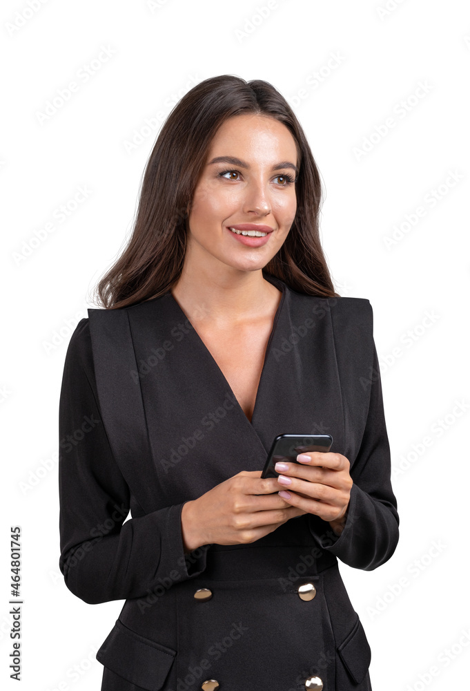 Portrait of smiling positive and attractive young business woman isolated on white background holding smartphone, dreaming about pleasant things. Sophisticated formal jacket. Portrait of smiling positive and attractive young business woman isolated on white background holding smartphone, dreaming about pleasant things. Sophisticated formal jacket.