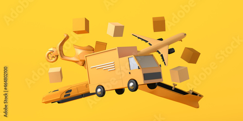 Delivery and logistics concept with vehicles. Copy space. 3D illustration.