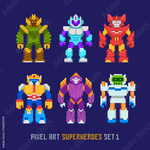 Pixel art cartoon robots and 8-bit superheroes isolated vector set 1. Retro video game style invaders monsters and mutants characters design. Pixelated colorful robot toy collection