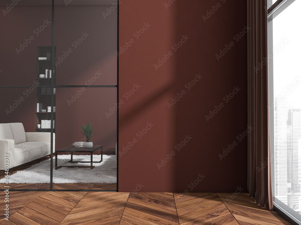 Obraz premium Dark red wall in corridor of living room with white couch