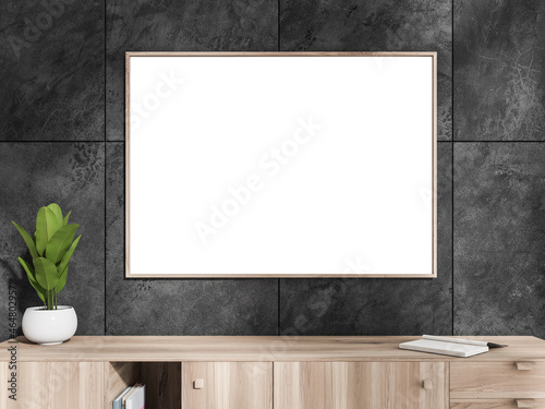 Grey exhibition room interior with drawer and decoration, mockup poster