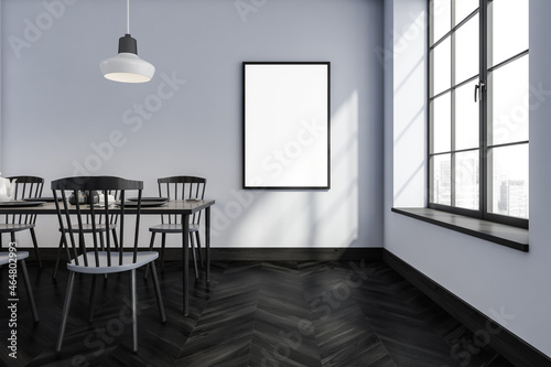 Dark dining room interior with furniture, mockup poster near window