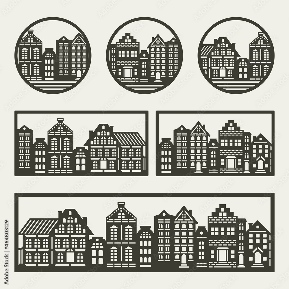 Set of paintings with houses. European street with brown building facades in rectangular and round frame on gray background. Simple style, monochrome. Vector template for plotter laser cutting, cnc.