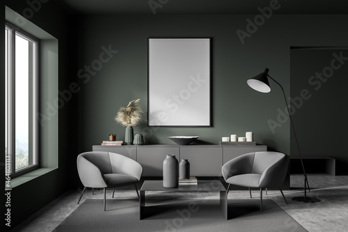 Dark green living room with empty canvas and two grey armchairs