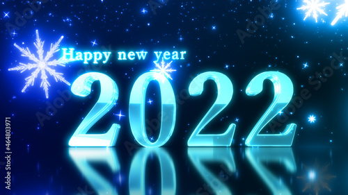 ハッピーニュイヤー。2022年。ゴージャスな3D文字と幻想的な雪の結晶のの背景