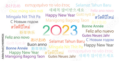 Colorful Happy New Year 2023 in different languages word cloud greeting card concept. Happy New Year 2023 in many different languages. Words cloud concept
