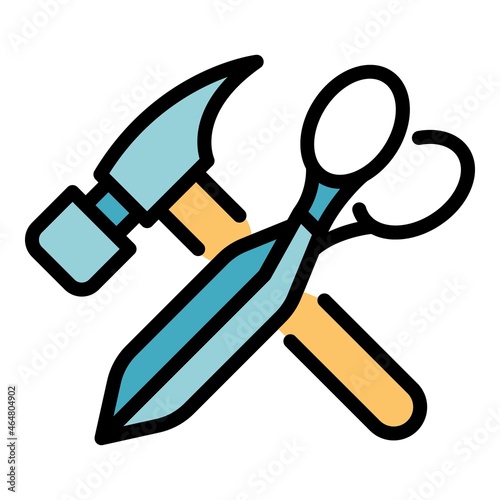 Hammer scissors shoe repair icon. Outline hammer scissors shoe repair vector icon color flat isolated