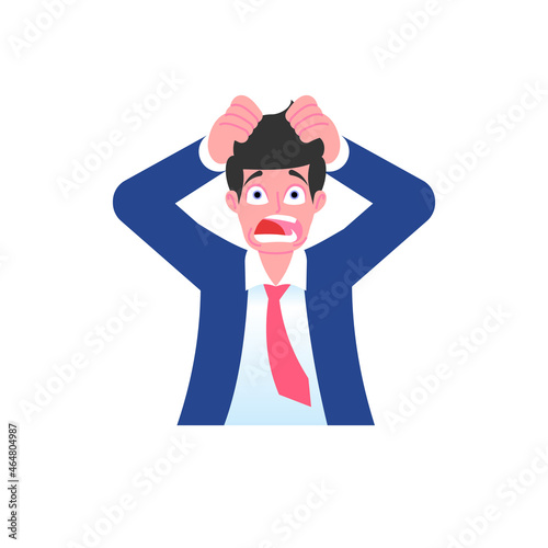 Despair businessman grabbed head with his hands. Work problem, bankruptcy, anxiety concept. Male emoji character with different emotion and gesturing. Vector illustration isolated on white background