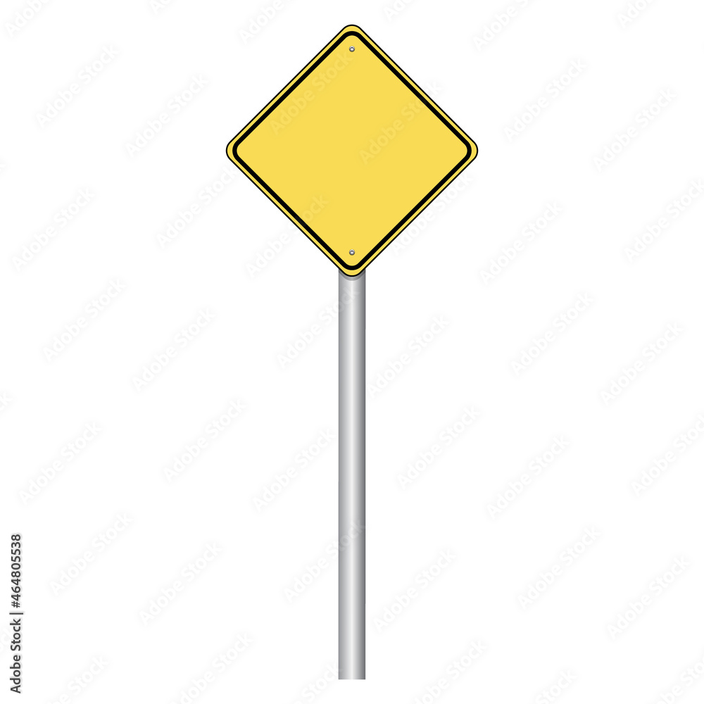 Realistic blank American warning road sign. Vector illustration of yellow diamond shaped traffic sign with empty space inside on metal pole. Caution for driver. Copy space for your design. Danger. Realistic blank American warning road sign. Vector illustration of yellow diamond shaped traffic sign with empty space inside on metal pole. Caution for driver. Copy space for your design. Danger.