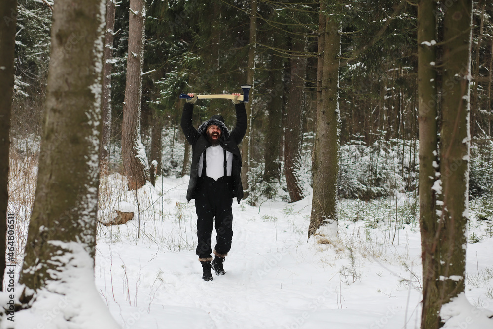 Outdoor portrait of handsome man in coat and scurf. Bearded man in the winter woods.