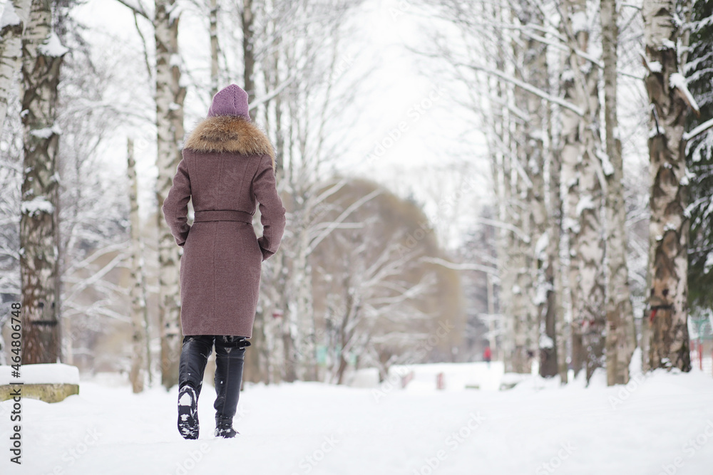 A young girl in a winter park on a walk. Christmas holidays in the winter forest. The girl enjoys winter in the park.