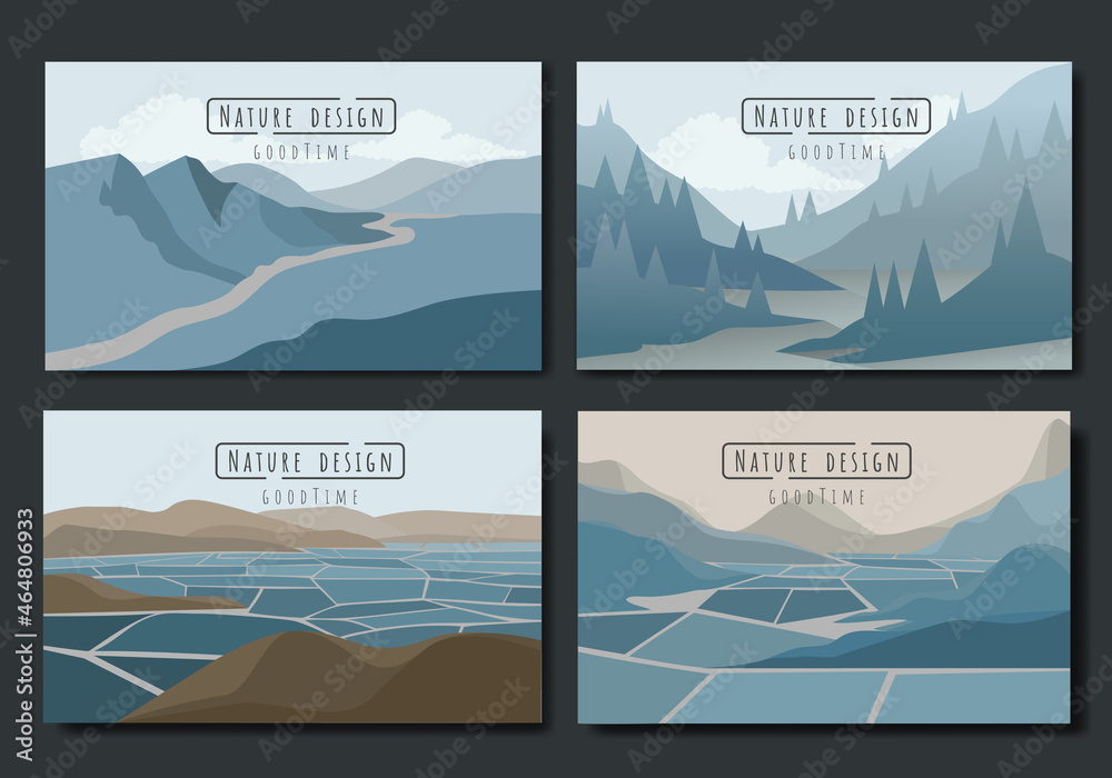 Set of landscape Catalog, mountains lake wall art poster design