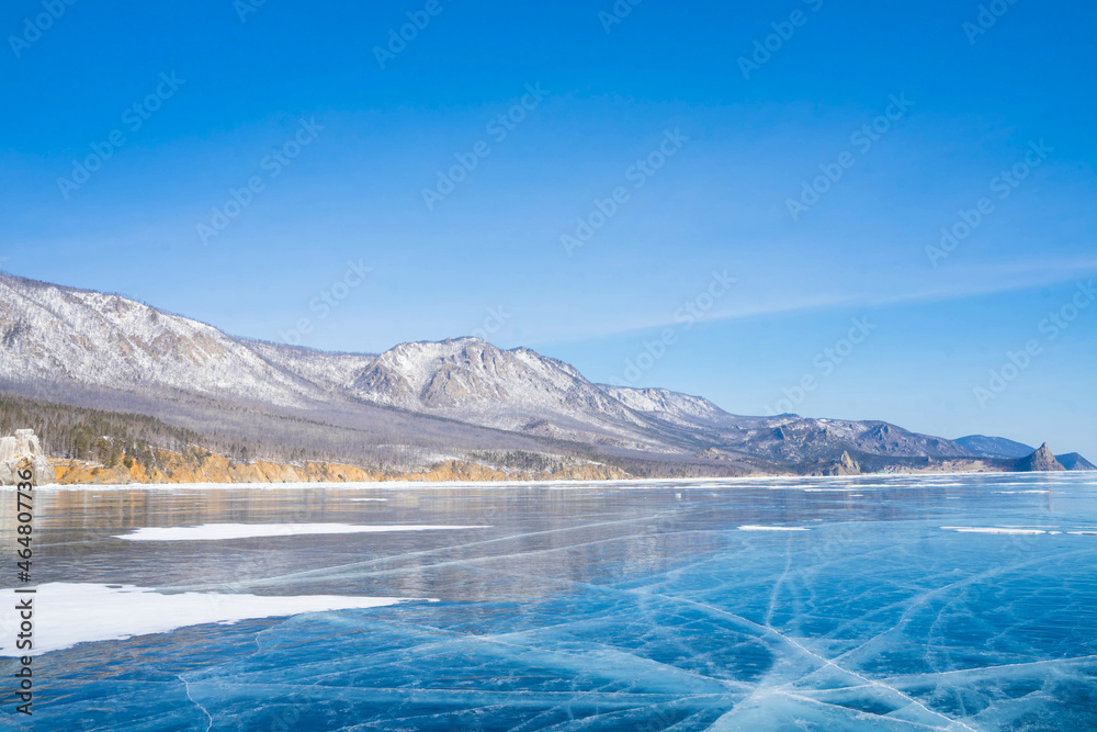 clear ice on the lake in winter