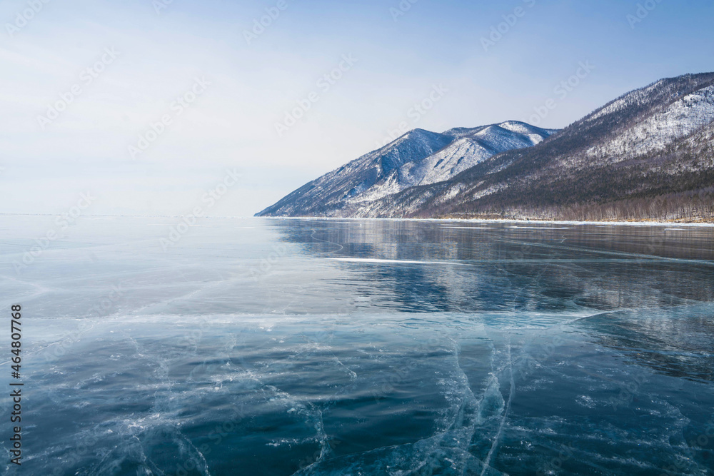 clear ice on the lake in winter