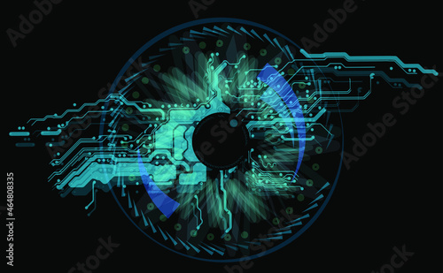 Techno eye with motherboard pattern isolated on black background. Layered EPS10 vector illustration. Template for your infotmation technology design.