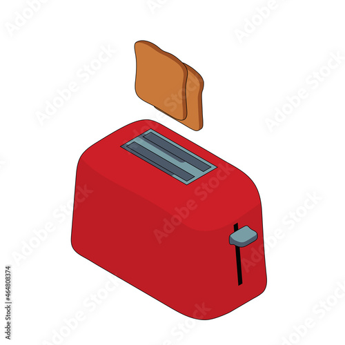 Red toaster with toast in isometric view. Two slices of bread jump out of the toaster.