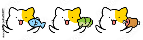 肉、野菜、魚を持つかわいいねこの手書き風イラストセット