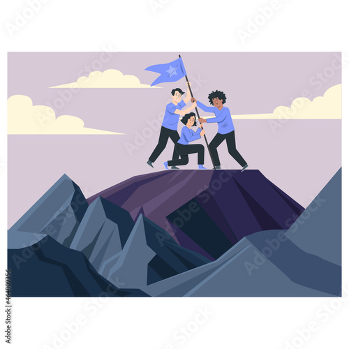 Teamwork men and woman with the flag first climbed to the top of the mountain. Vector illustration