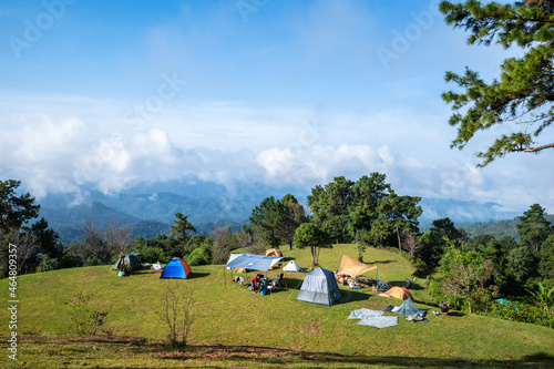 The camping on the hill with a lot of cloud on the sky