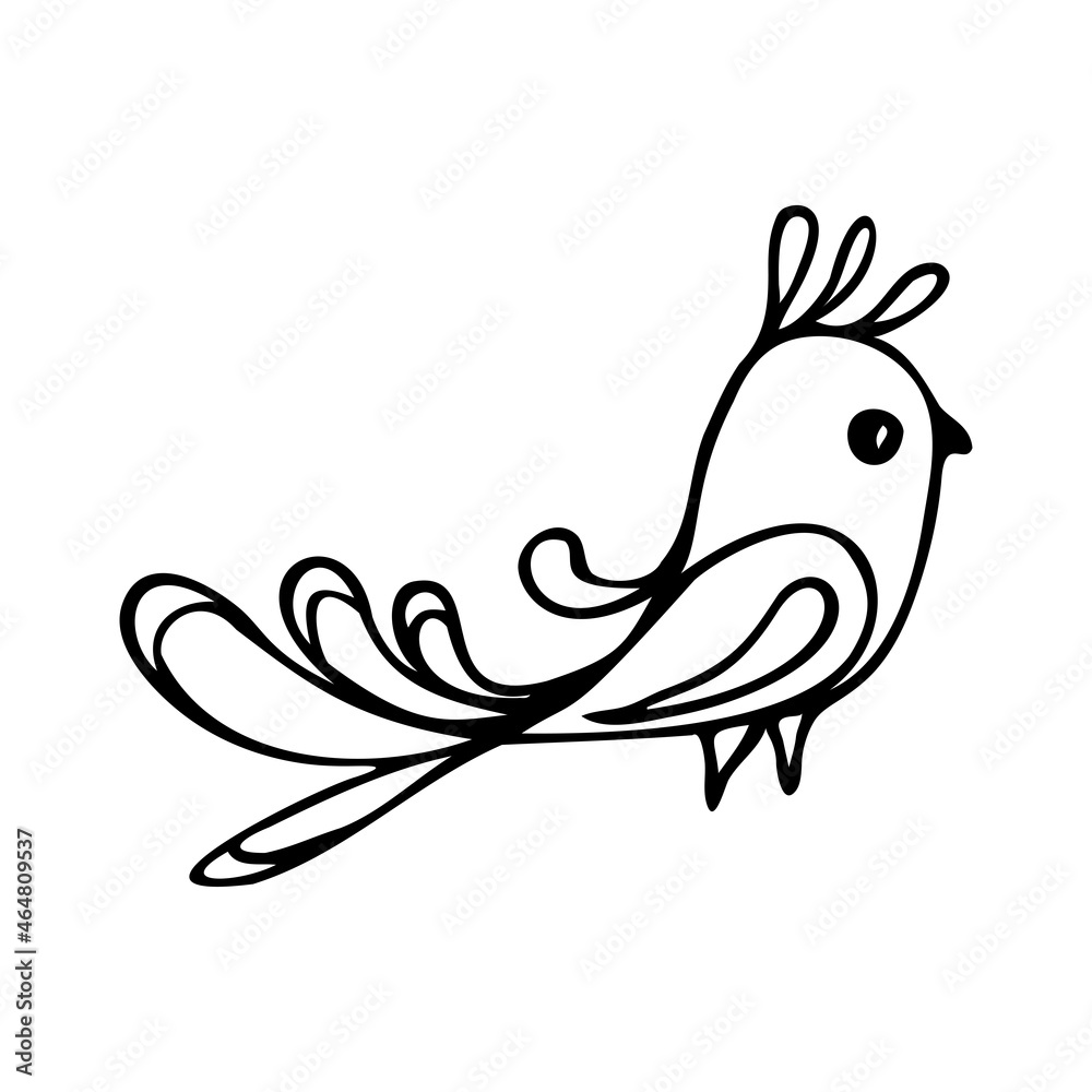 Fototapeta premium Stylized decorative bird on a branch, doodle illustration.