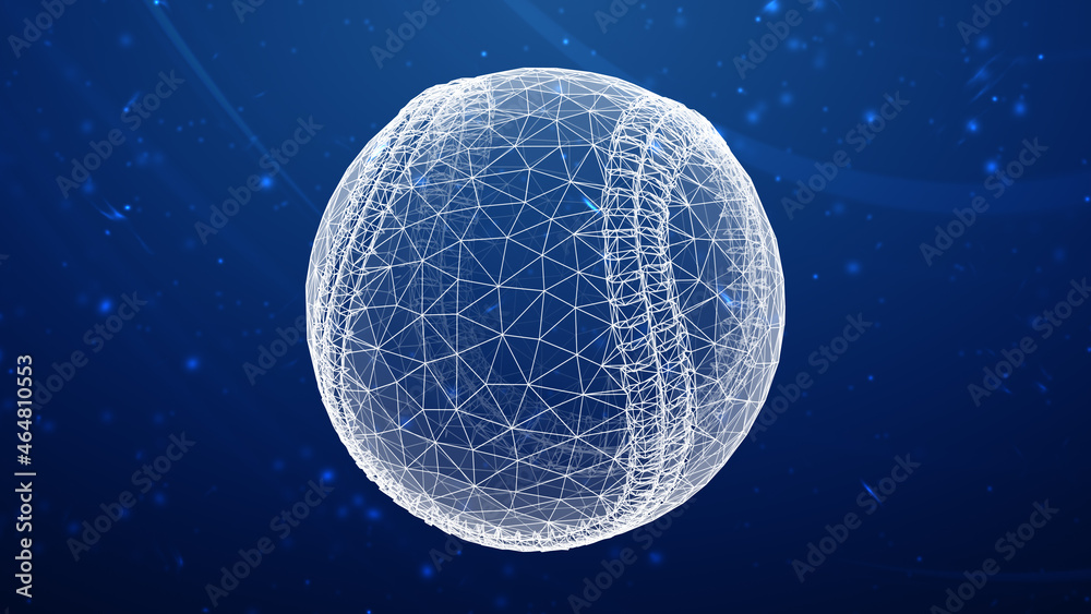 3D mesh of a baseball isolated on blue abstract background. 3D illustration.
