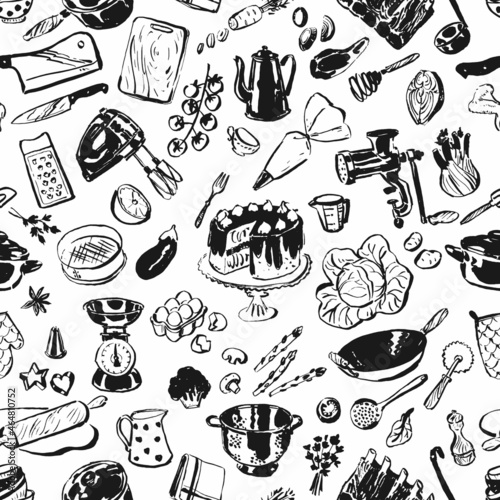 Kitchen equipment background, cookbook seamless pattern, culinary tools and supplies