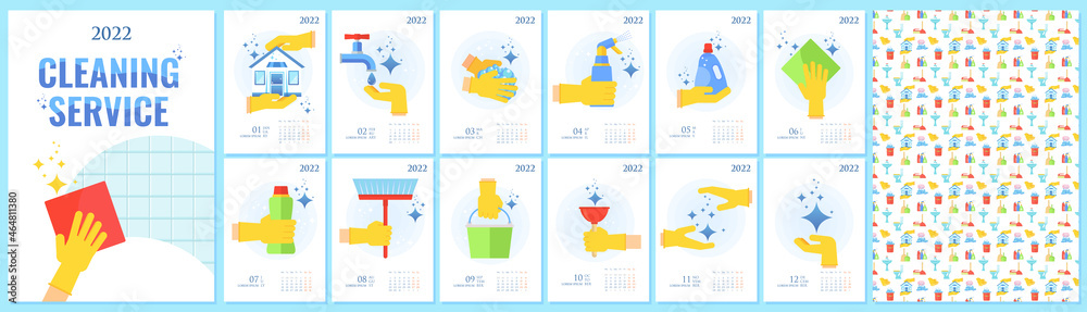 2022 vector annual calendar with cleaning company employees. 2022 vector annual calendar with cleaning company employees.