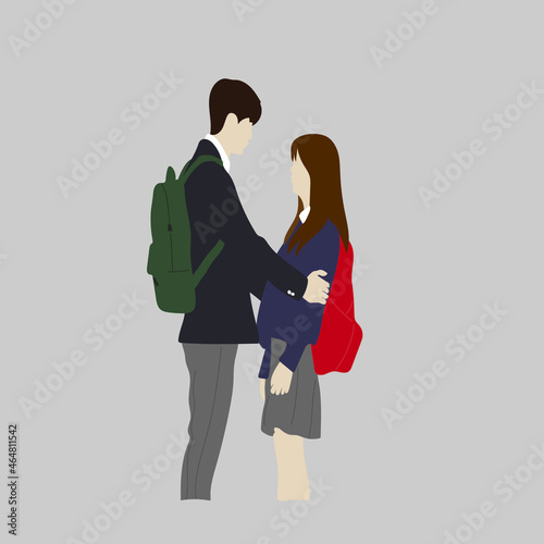 A school couple in love from dorama. A couple in love in a school uniform and with backpacks.