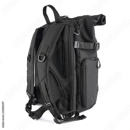 Black laptop backpack unisex accessories. Backpack isolated on White Background. Men's bag.