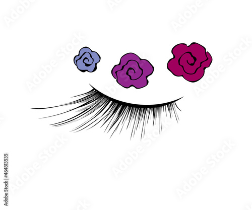 Long eyelashes and flowers on an isolated background. Vector illustration.